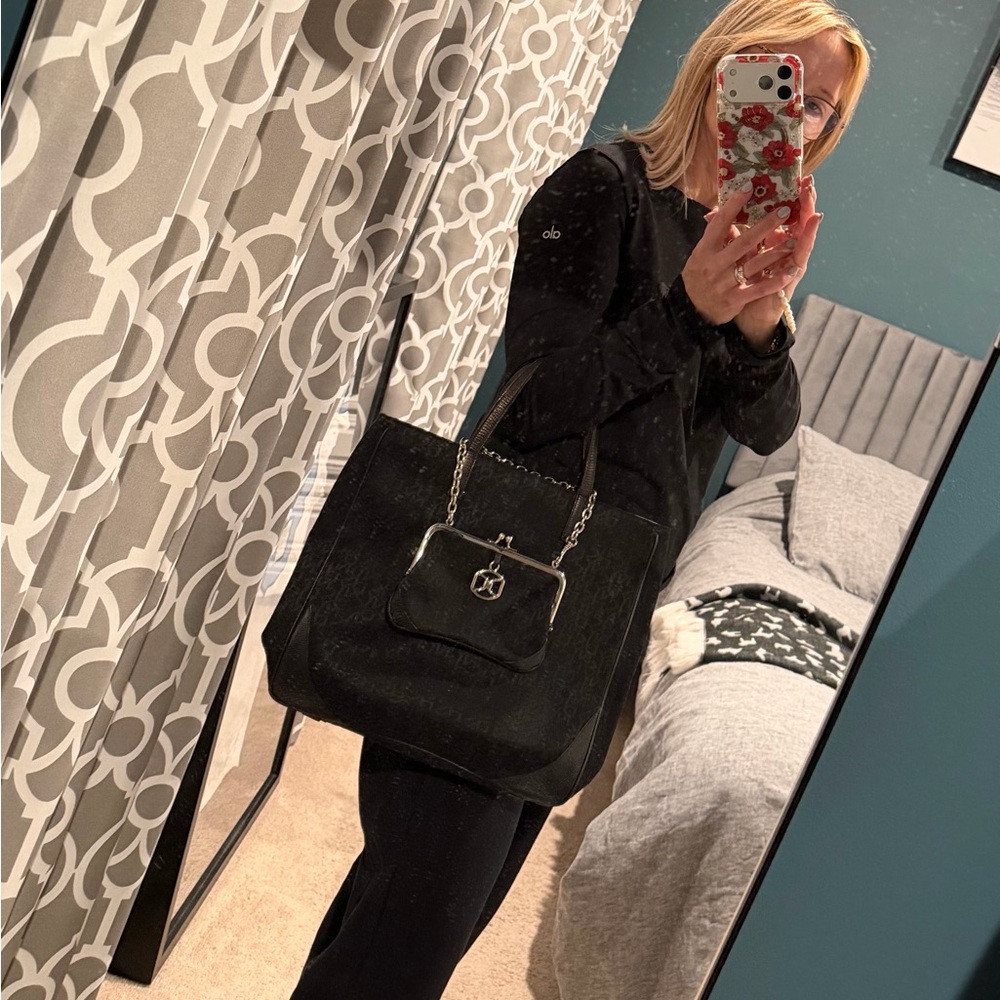 Dkny Black Tote Bag with Mesh Fabric and Silver Chain Detail